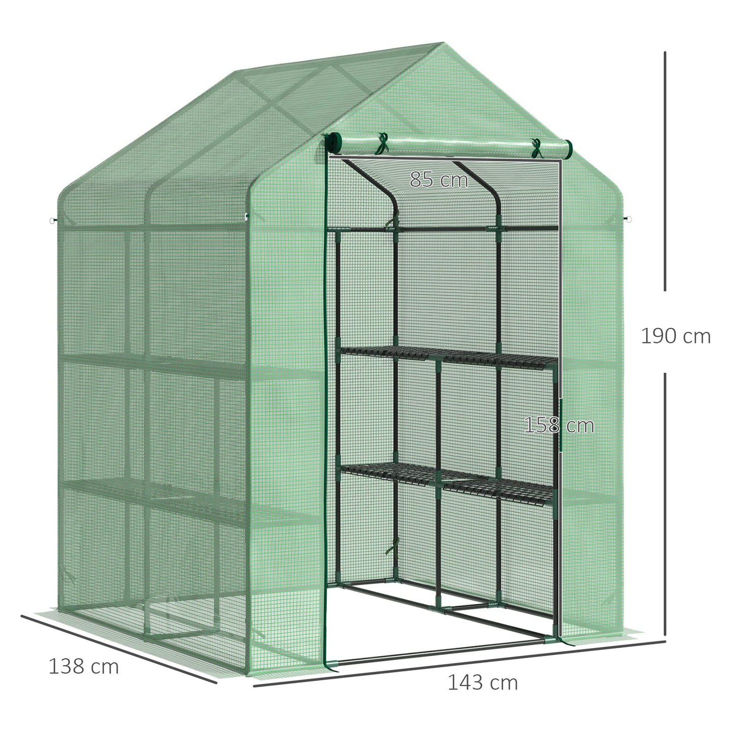 Outsunny Invernadero de Jardín Tipo Caseta Vivero Casero de Acero con 2 Niveles 4 Estantes y Puerta Enrollable para Cultivos Plantas Macetas Flores 143x138x190 cm Verde