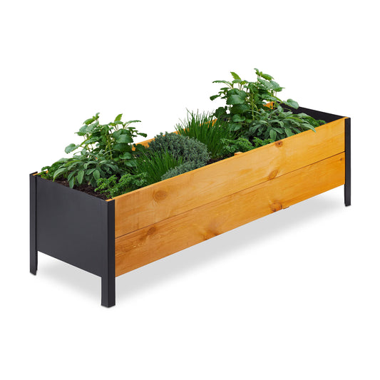 Relaxdays Huerto Urbano con Tela, 32,5x118x35 cm, Jardinera Madera Terraza, Balcón y Jardín, Rectangular, Marrón Natural
