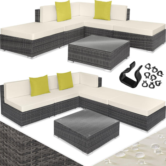 TecTake® Conjunto Jardín en Ratán y Aluminio con Cojines de 10 cm, Conjunto Terraza Resistente a la Intemperie, Muebles Jardín Exterior 3 Sillones, 1 Puf, 1 Mesa con Cristal, Fundas Extraíbles - Gris