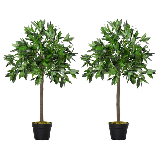 Outsunny 2 Plantas Artificiales de 90 cm de Altura Árboles de Laurel Decorativos con Maceta para Hogar Salón Uso en Interiores Verde