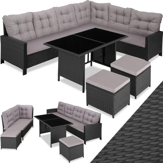 TecTake® Conjunto Jardín de Ratán con Mesa y Cojines, Conjunto Terraza Resistente a la Intemperie y Combinable, Muebles Jardín Exterior 5 Piezas, Sofá de Esquina, 2 Taburetes y 1 Mesa, Acero - Negro