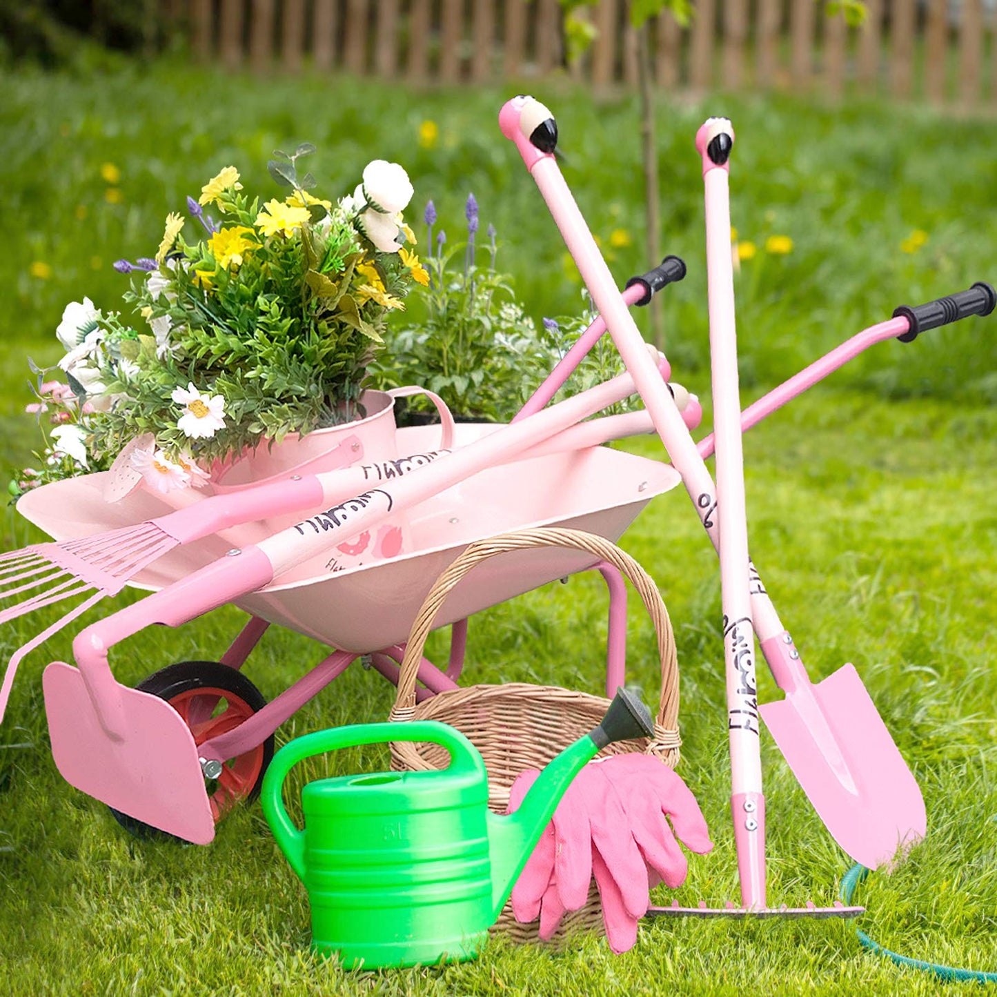 Hortem Las herramientas de jardinería para niños incluyen herramientas largas de metal con cabeza 3D de flamenco, pala, guante de jardín para niños, regalos de jardinería de Halloween para niños