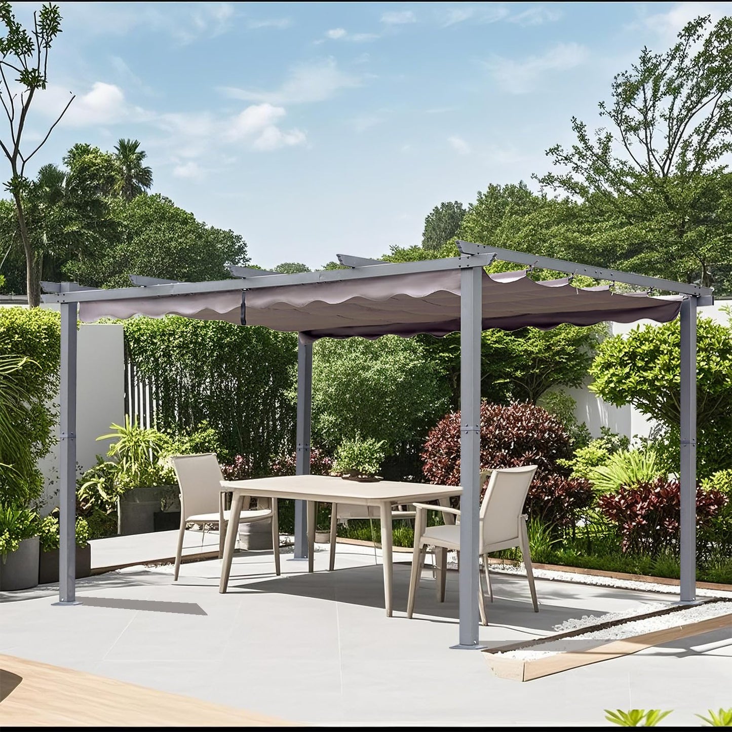 [Actualizado] Angel Living Pérgola de Aluminio con Techo Retráctil, Pabellón con Diseño Elegante, Cenador con Tela de Poliéster Resistente al Agua y a UV, Uso para el Exterior (3 x 4, Gris)