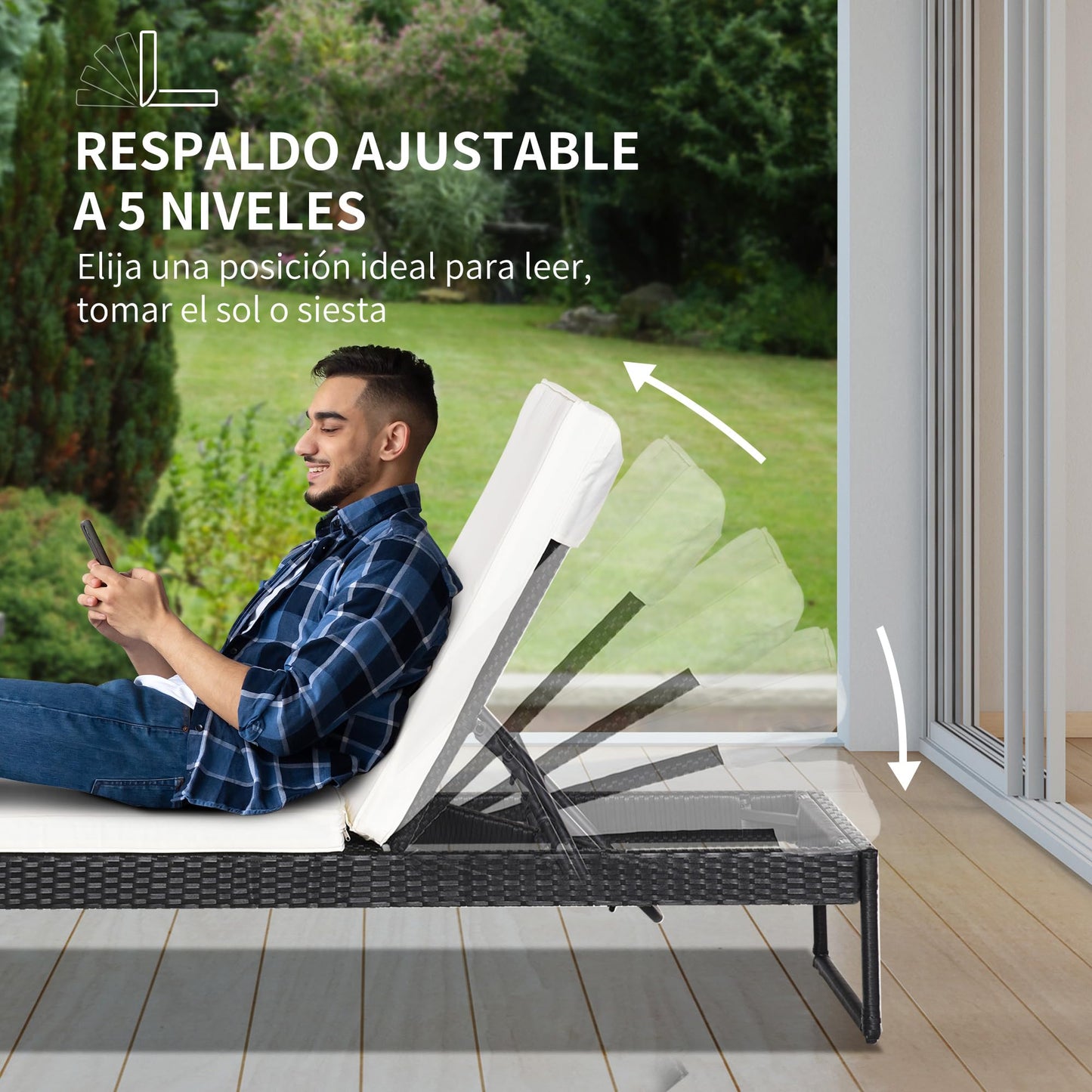 Outsunny Conjunto de 2 Tumbonas de Jardín con Cojines Acolchados Ratán con Mesa Auxiliar para Piscina o Terraza Carga 160 kg 195x60x86 cm Acero Negro