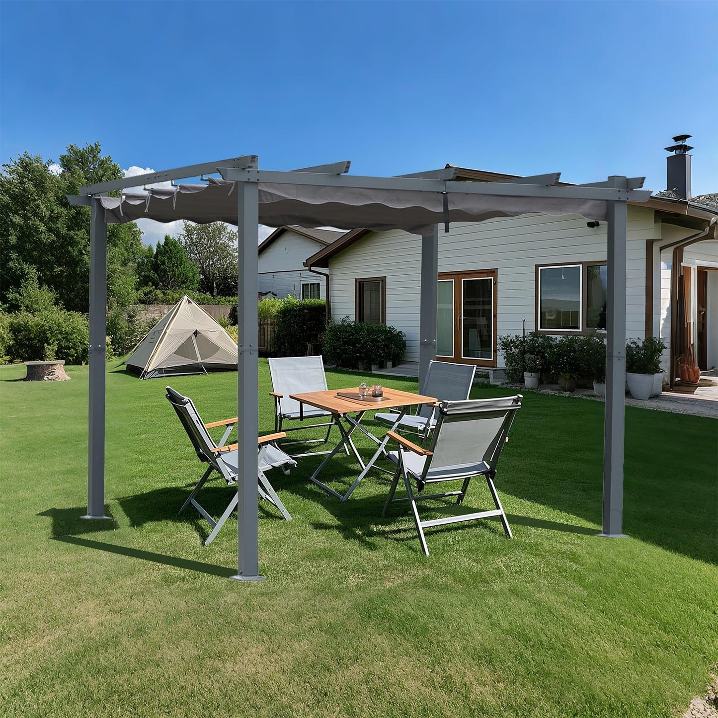 [Actualizado] Angel Living Pérgola de Aluminio con Techo Retráctil, Pabellón con Diseño Elegante, Cenador con Tela de Poliéster Resistente al Agua y a UV, Uso para el Exterior (3 x 3, Gris)
