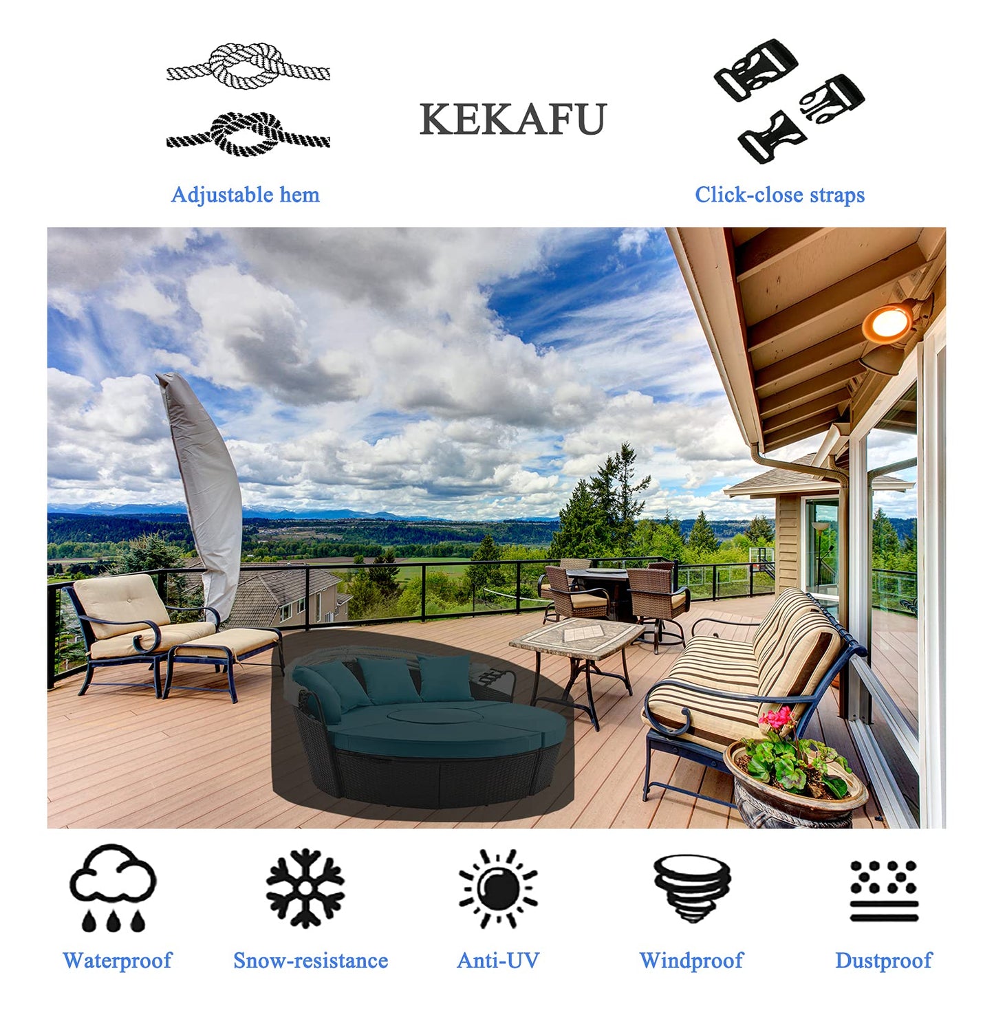 KEKAFU Funda Cama Exterior, 420D Funda Sofa Cama Exterior Impermeable, Funda Cama Jardin Redonda con Hebilla a Prueba de Viento, Resistente UV - Negro (190 * 90-50cm)