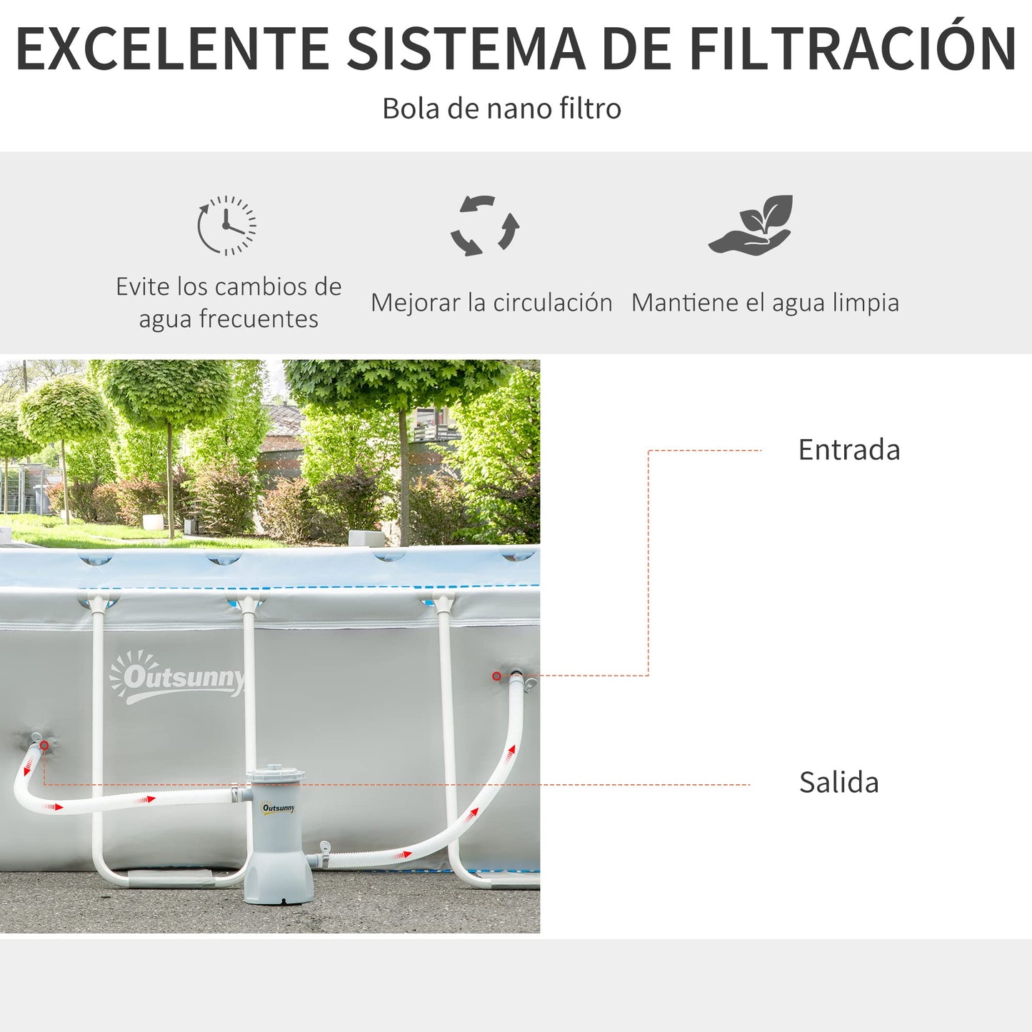 Outsunny Piscina Desmontable 440x240x122 cm Piscina Rectangular de Exterior con Depuradora de Cartucho 4,000 L/H y Marco de Acero 9760 L Gris