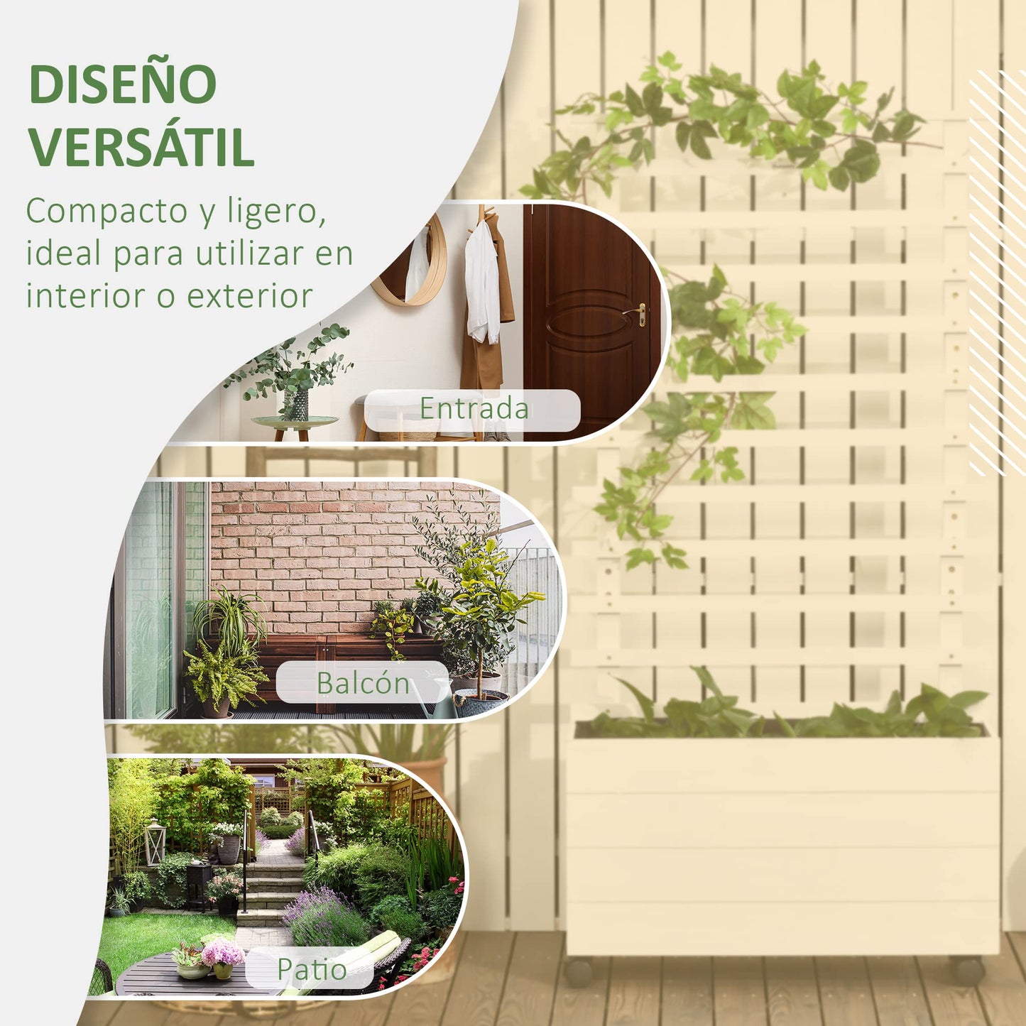 Outsunny Jardinera con Enrejado de Madera Maciza con 4 Ruedas Macetero de Jardín con Soporte para Trepadora y Tela Geotextil para Cultivos Plantas Flores 76x30x155 cm Blanco