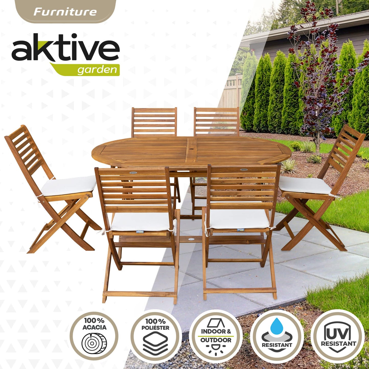 AKTIVE 61002 - Conjunto mesa y sillas de madera para jardín y terraza, incluye mesa plegable 150 x 89 x 74 cm y 6 sillas de madera con cojín