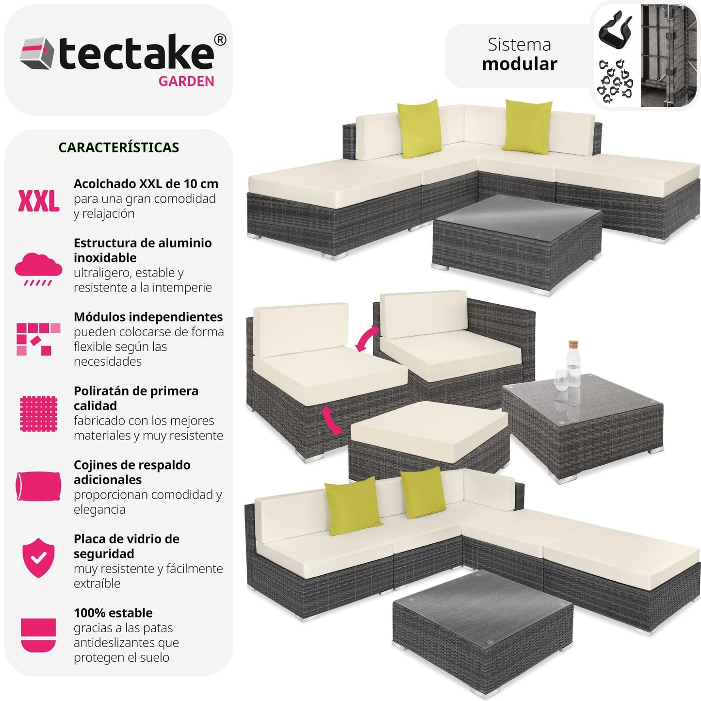 TecTake® Conjunto Jardín en Ratán y Aluminio con Cojines de 10 cm, Conjunto Terraza Resistente a la Intemperie, Muebles Jardín Exterior 3 Sillones, 1 Puf, 1 Mesa con Cristal, Fundas Extraíbles - Gris