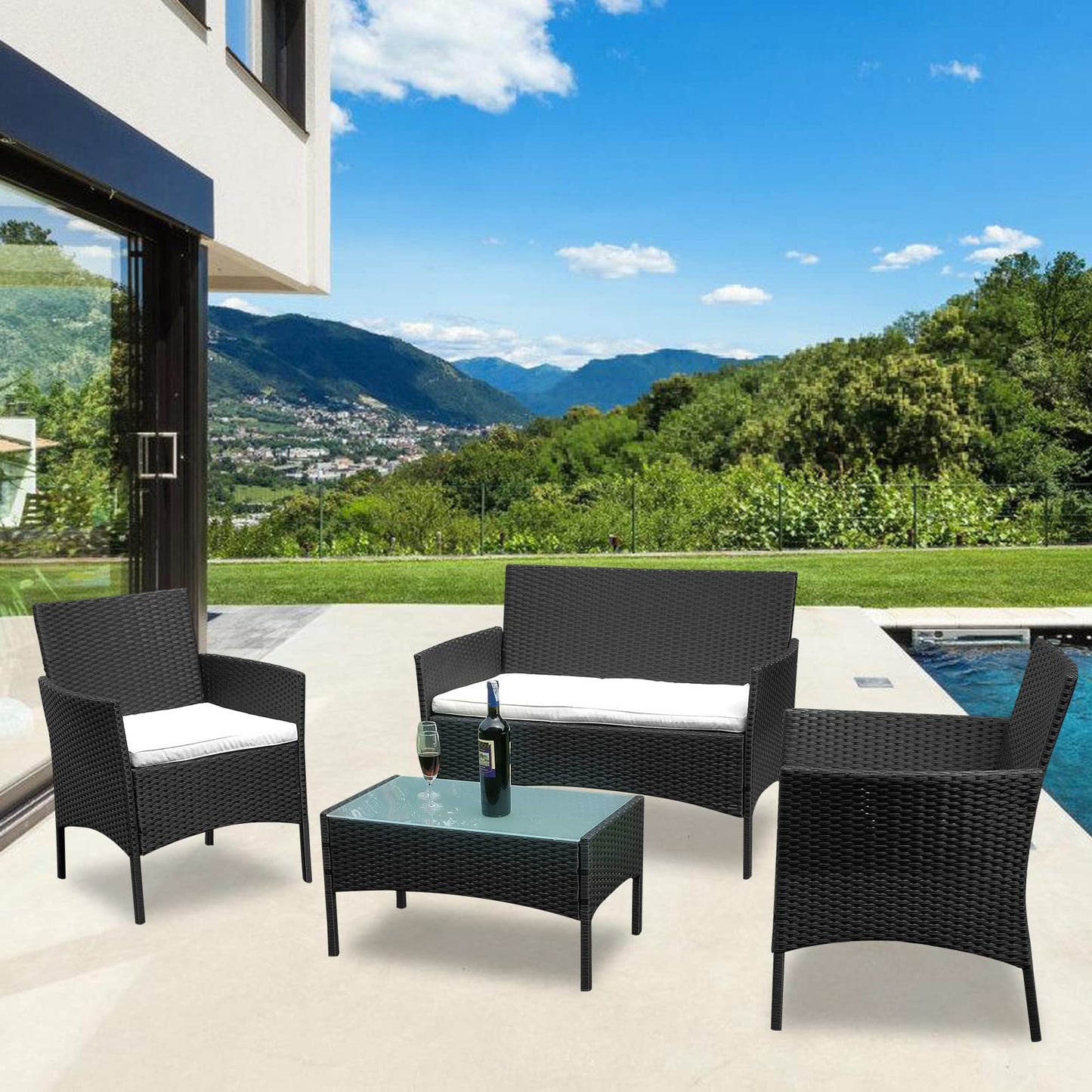 Izrielar Juego de Muebles de jardín de polirratán para balcón, Juego de Muebles de jardín con sofá, sillas Individuales, Mesa y cojín de Asiento, Muebles de terraza (Negro) (ZA4778-M-1z)