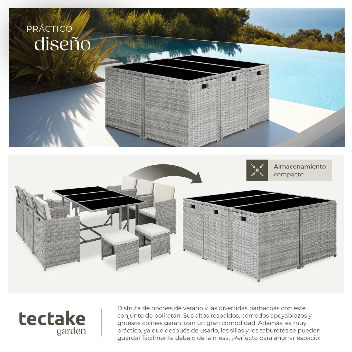 TecTake® Conjunto Jardín Exterior de Ratán y Acero, Agrupable en Cubo, Muebles Jardín Exterior Resistente a la Intemperie, para 6-10 Personas, Fundas Extraíbles y Funda Protectora - Gris Claro