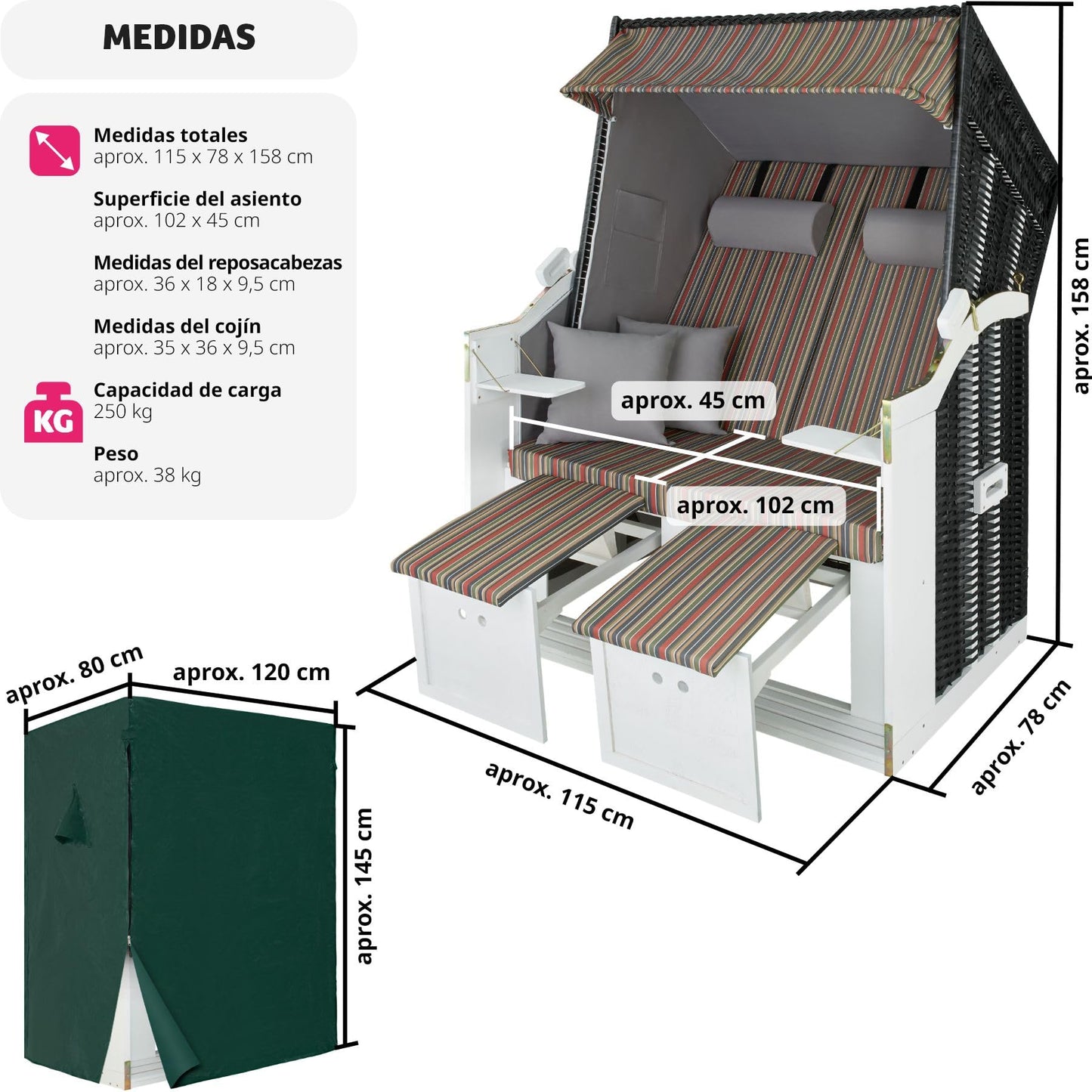 tectake® Sillón Playa Ajustable, Tumbona Jardín XXL, Sofá Exterior con Funda Protectora, Cojines, Hamaca Terraza, Sofa Jardin, Conjunto Muebles Jardín, Sofá Terraza Exterior - Negro / Gris / Marrón