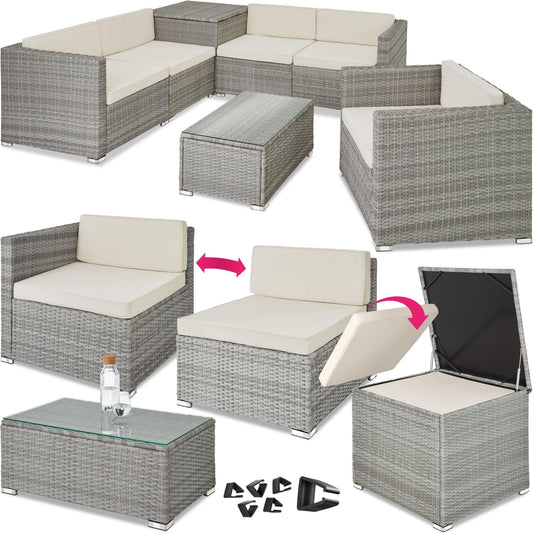 TecTake® Conjunto Jardín de Ratán, Muebles Jardín Exterior 5 Sillones, 1 Mesa Cristal, 1 Caja Almacenamiento, Conjunto Terraza Resistente a la Intemperie, con Cojines, Estructura en Acero - Gris Claro