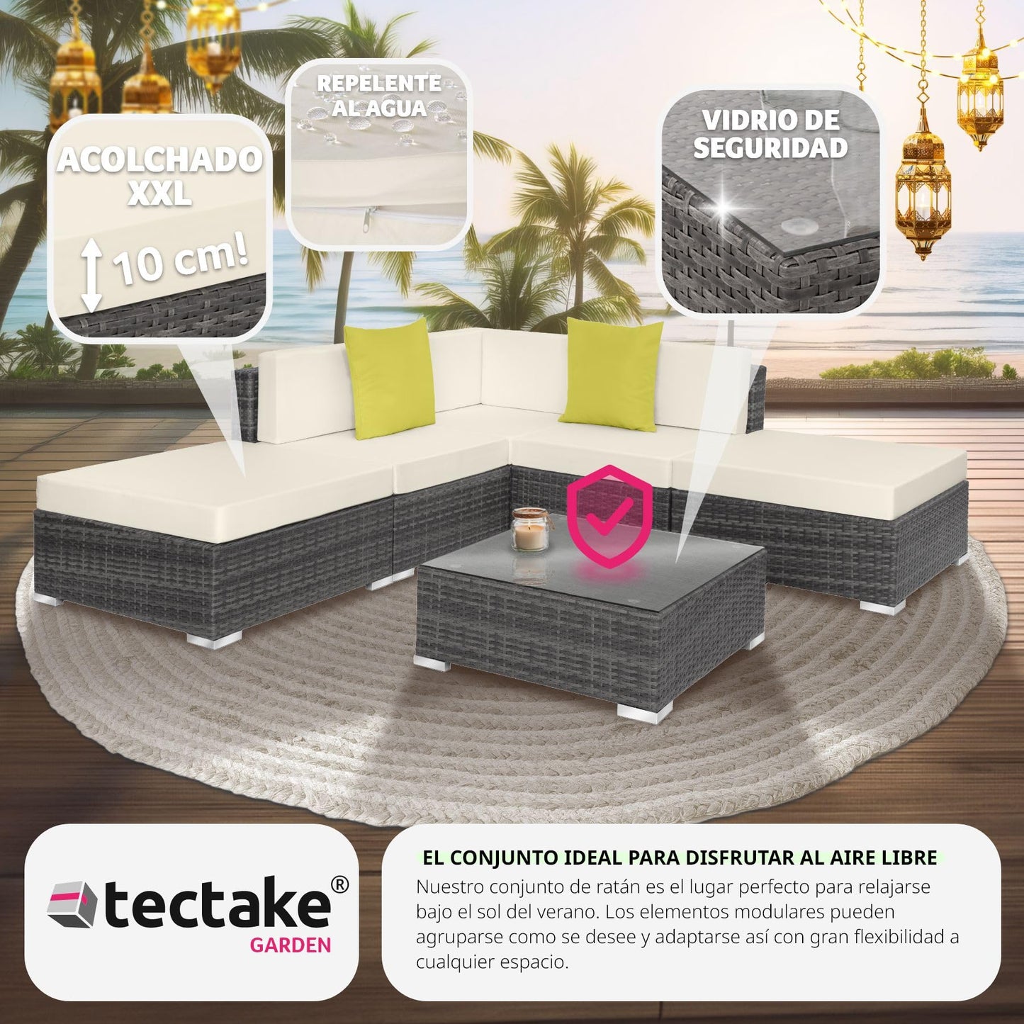 TecTake® Conjunto Jardín en Ratán y Aluminio con Cojines de 10 cm, Conjunto Terraza Resistente a la Intemperie, Muebles Jardín Exterior 3 Sillones, 1 Puf, 1 Mesa con Cristal, Fundas Extraíbles - Gris
