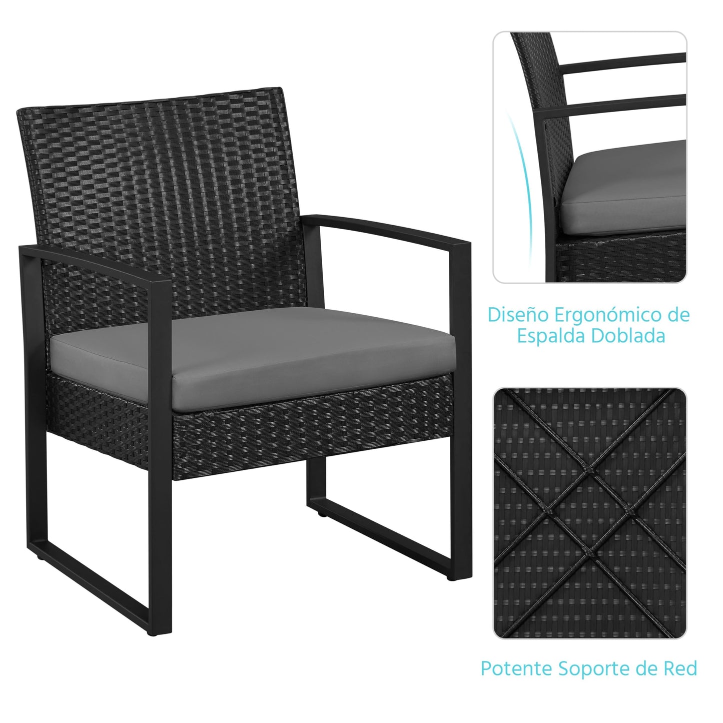 Yaheetech Conjunto de Mesa y Sillas Exterior Juego de Muebles Jardin con Cojines Silla Ratán Impermeable para Terraza Balcón Negro y Gris
