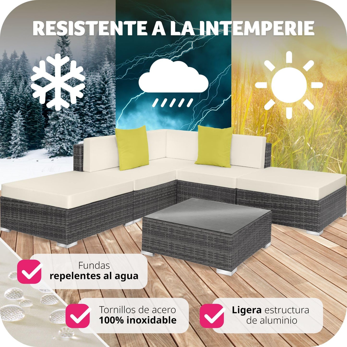 TecTake® Conjunto Jardín en Ratán y Aluminio con Cojines de 10 cm, Conjunto Terraza Resistente a la Intemperie, Muebles Jardín Exterior 3 Sillones, 1 Puf, 1 Mesa con Cristal, Fundas Extraíbles - Gris