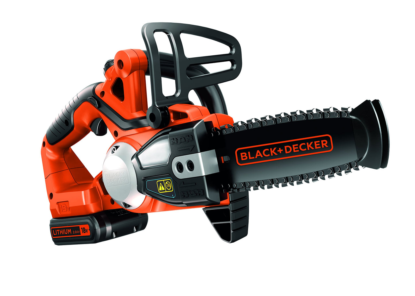 BLACK+DECKER Motosierra a Batería 18V, Batería de litio 2Ah, Espada 20cm, Velocidad Cadena 3,1m/s, Hasta 200 Cortes por Carga, para Poda y Leña - GKC1820L20-QW