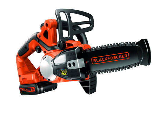 BLACK+DECKER Motosierra a Batería 18V, Batería de litio 2Ah, Espada 20cm, Velocidad Cadena 3,1m/s, Hasta 200 Cortes por Carga, para Poda y Leña - GKC1820L20-QW