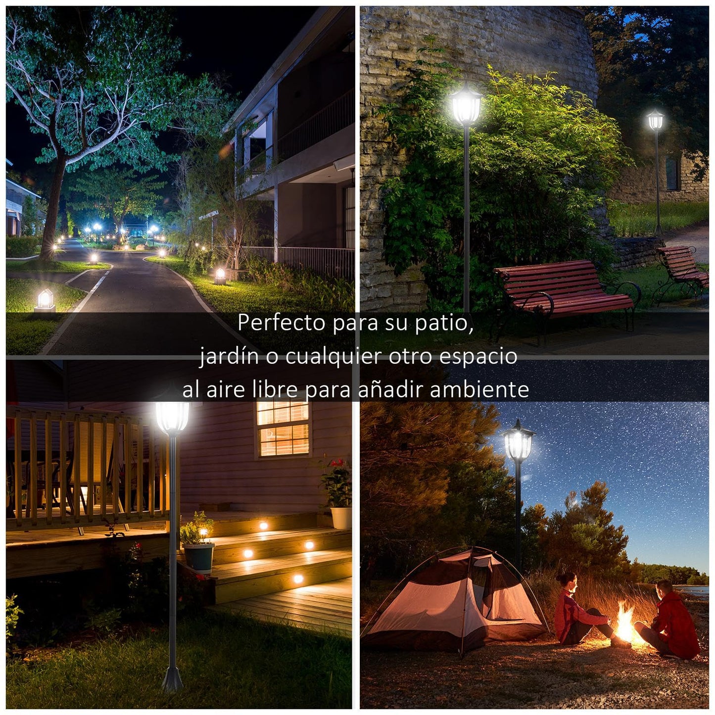 Outsunny Farola Solar con Panel Solar a Cargar Batería Protección al Ambiente 6 LED Perfecto para Noche Encendido Automático Autonomía de 6 Horas Instalar Fácil Negro Ø26,5 x 177cm