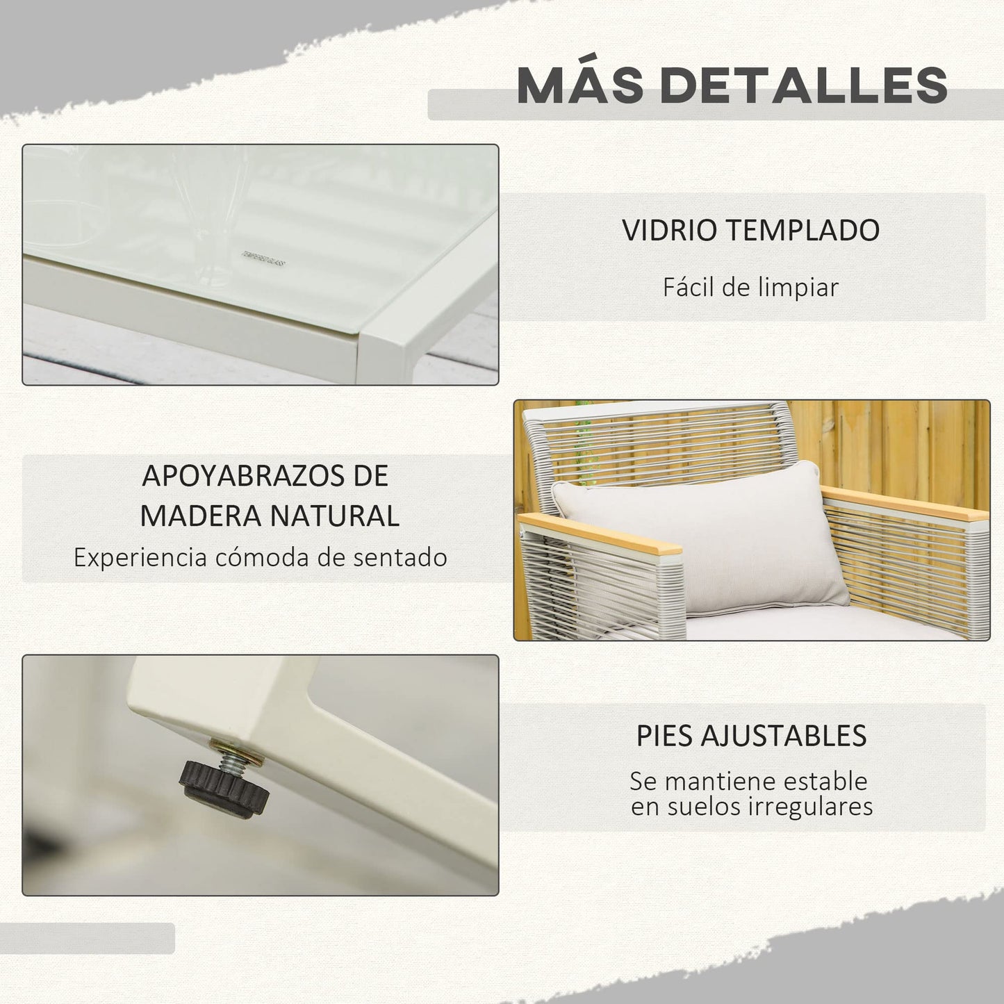 Outsunny Conjunto de Muebles de Jardín de Ratán 4 Piezas Sofá Doble 2 Sillones Individuales y Mesa de Café de Vidrio con Cojines Desenfundables para Exterior Terraza Gris