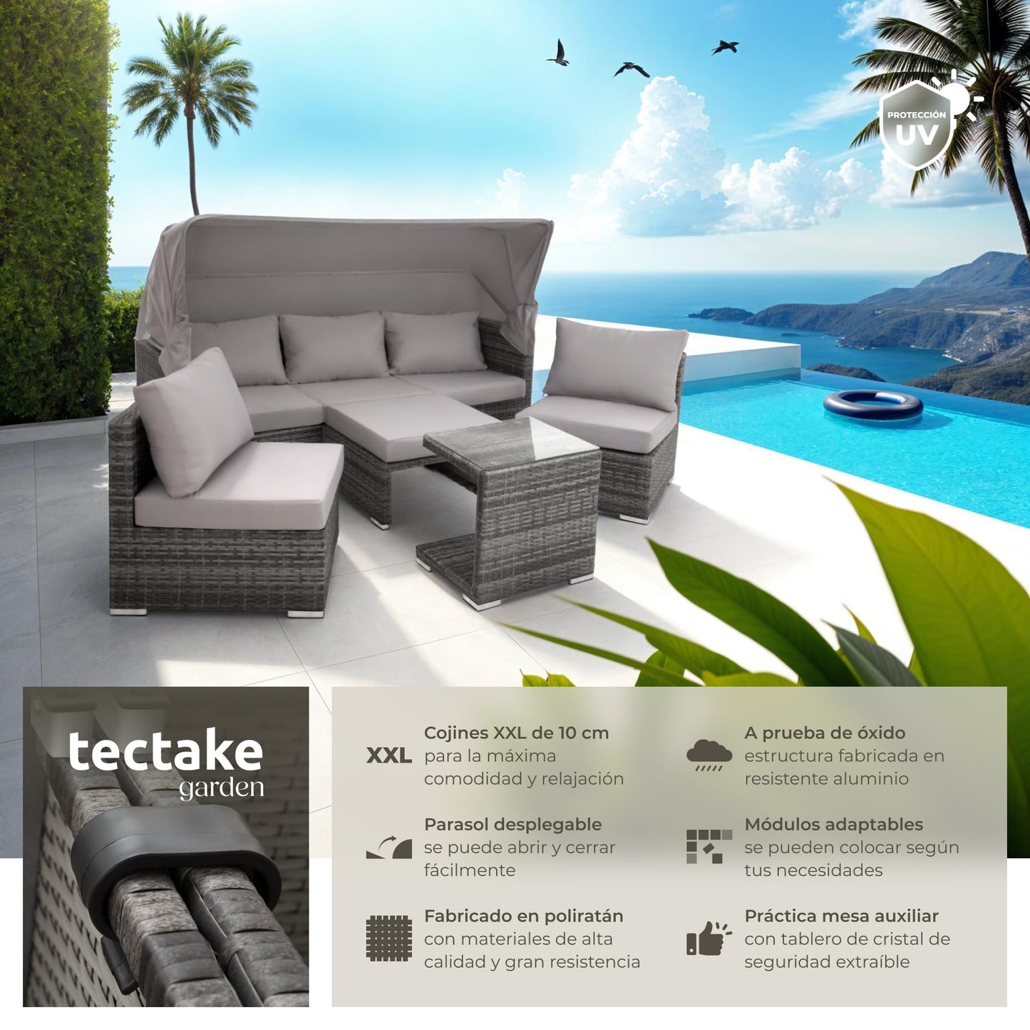 TecTake® Conjunto Jardín de Ratán con Cojines Grosor 10 cm, Muebles Jardín Exterior 2 Sofás, 2 Sillones, 1 Taburete, Conjunto Terraza Resistente a la Intemperie, Respaldo Ajustable, Sin Montaje - Gris
