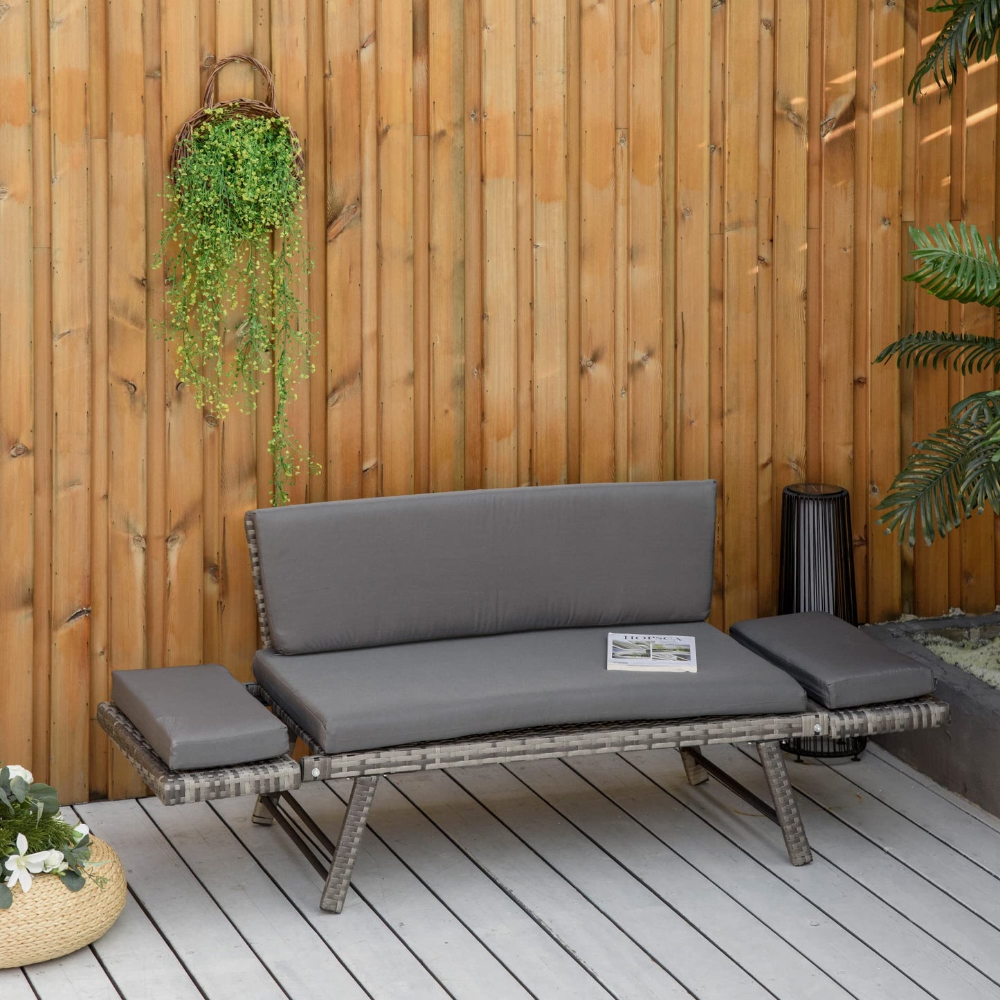 Outsunny Sofá de Ratán de 2 Plazas Convertible en Cama Individual 129x63x67 cm con Reposabrazos Abatibles y Cojines Acolchados Sofá Doble para Jardín Patio Terraza Gris