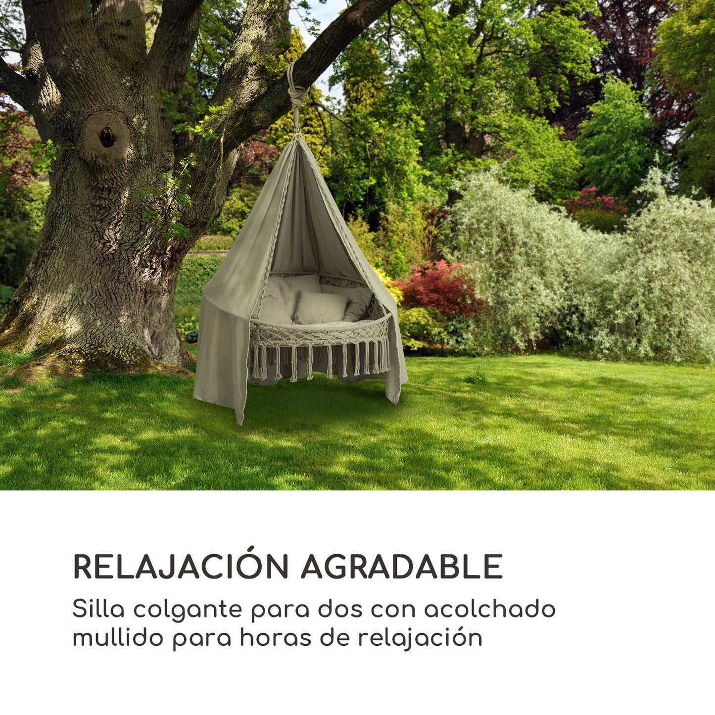 blumfeldt Ischia – sofá Colgante, balanceo Relajante, para Interior y Exterior, hasta 300 kg, 5 Cojines Grandes | Acabados en macramé, polialgodón, Fundas Resistentes a los Rayos UV, Gris Claro