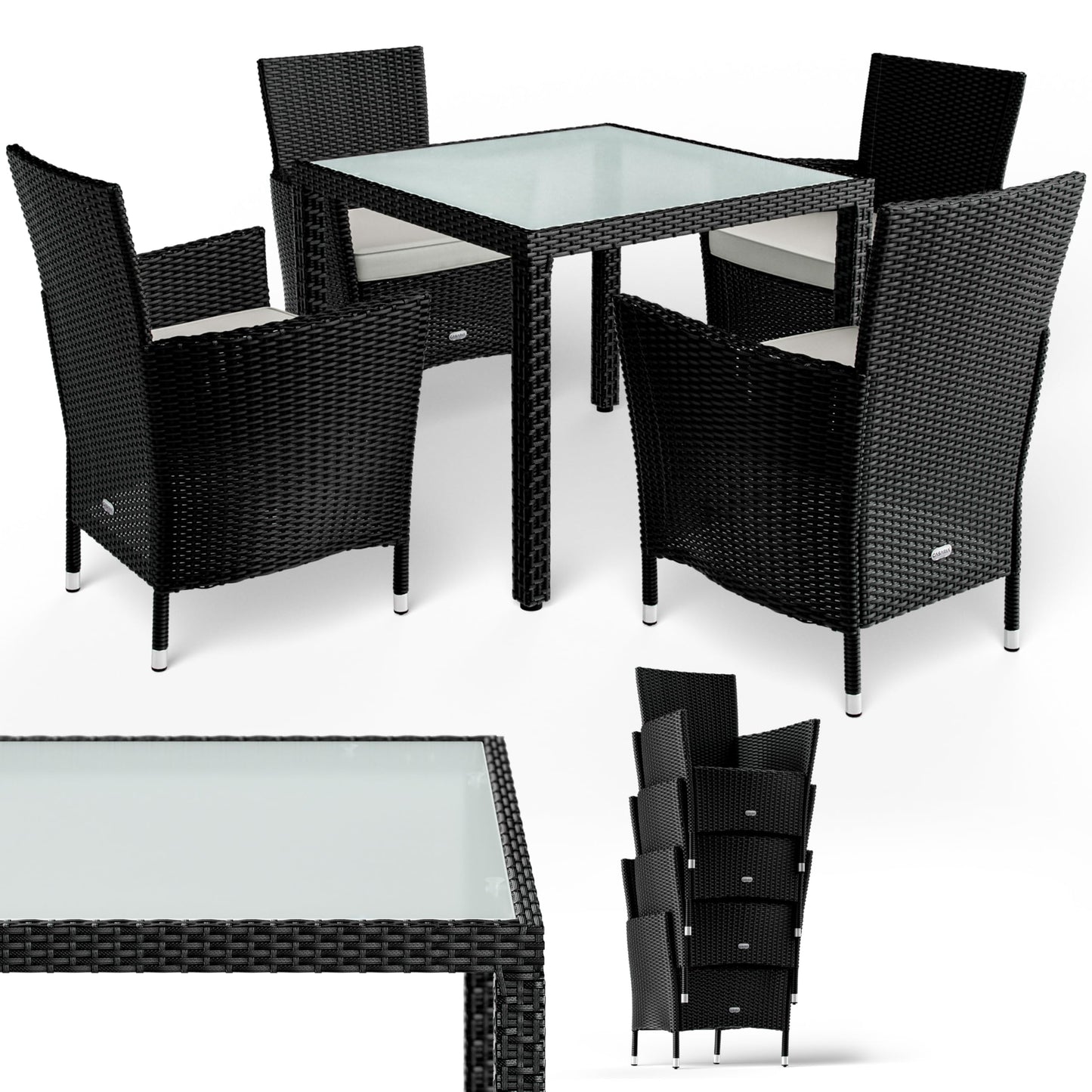 Deuba Conjunto de Poliratán 4+1 Mesa 90x90cm 4 Sillas Apilables Cojines Lavables Muebles de Jardín