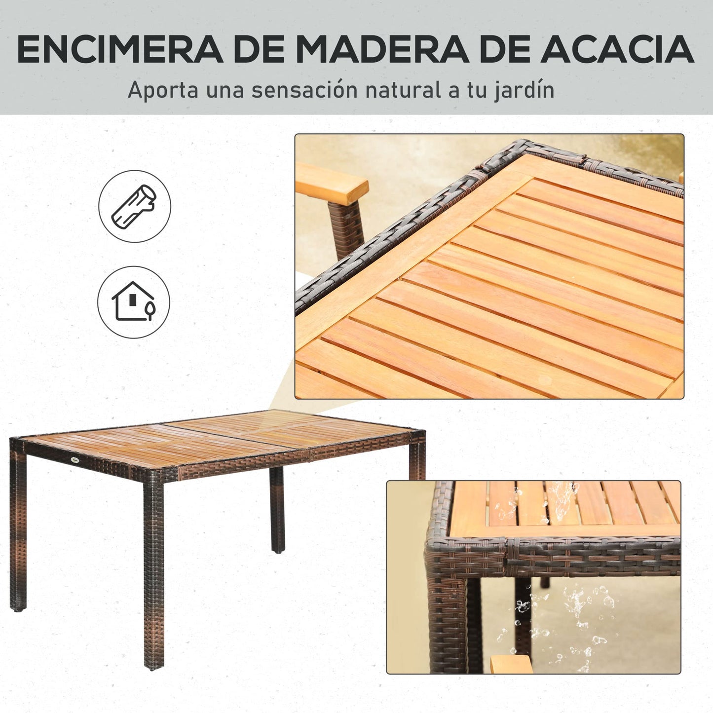 Outsunny Conjunto Muebles de Ratán Sintético para Jardín 7 Piezas Juego de Comedor de Mimbre para Exteriores con 6 Sillas con Cojines y Mesa 150x90x74 cm y 50x55x88 cm Marrón