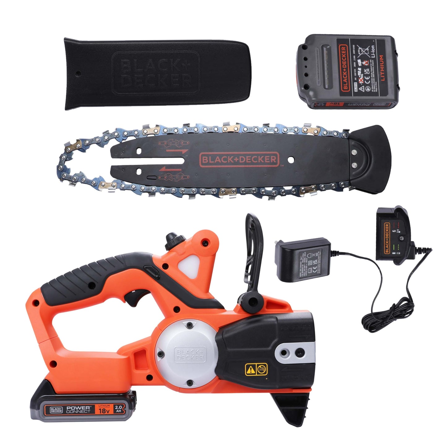 BLACK+DECKER Motosierra a Batería 18V, Batería de litio 2Ah, Espada 20cm, Velocidad Cadena 3,1m/s, Hasta 200 Cortes por Carga, para Poda y Leña - GKC1820L20-QW