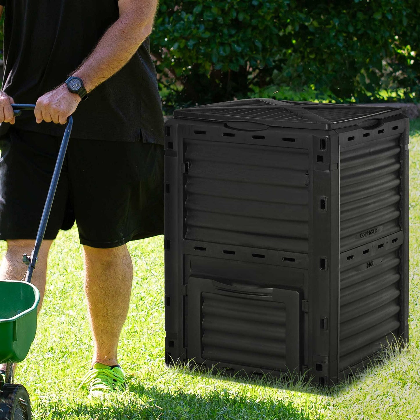 Outsunny Compostador Capacidad de 300L Compostera Orgánica para Producción Abono de Jardín Exterior con 48 Respiraderos 60,5x60,5x81,5 cm Negro