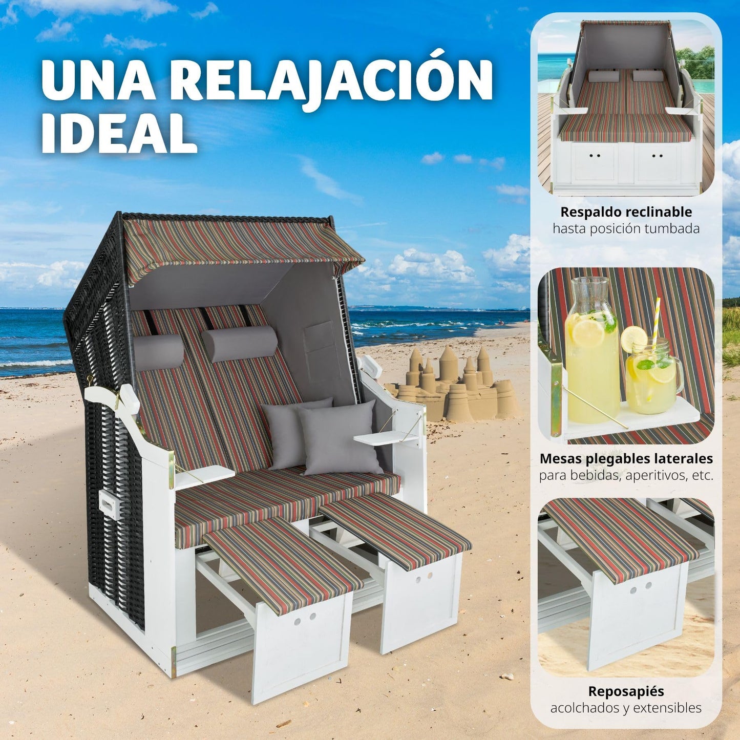 tectake® Sillón Playa Ajustable, Tumbona Jardín XXL, Sofá Exterior con Funda Protectora, Cojines, Hamaca Terraza, Sofa Jardin, Conjunto Muebles Jardín, Sofá Terraza Exterior - Negro / Gris / Marrón
