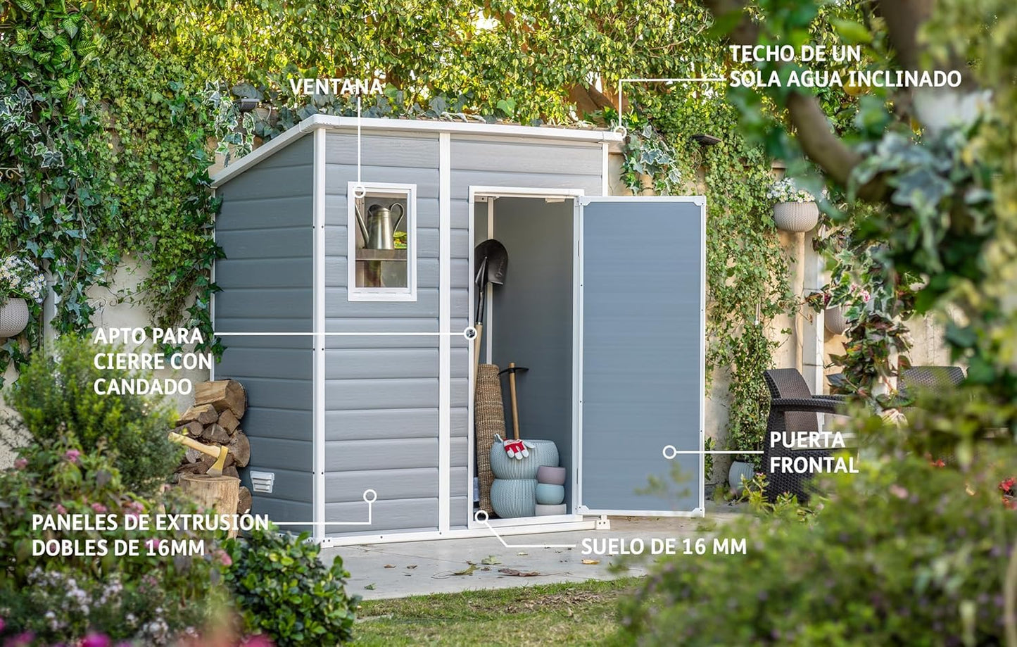 Keter Manor Pent 4X6 - Caseta de jardín, 183,5x111x200,5 cm y 1,8m2, Suelo, Sistema de ventilación, Puerta y Ventana, Resistente al Agua, Color Gris