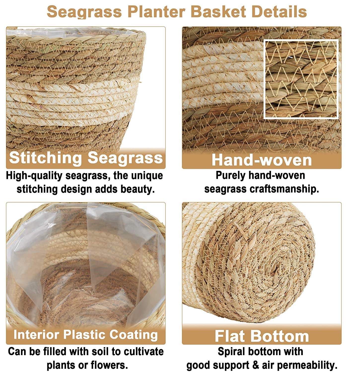 KAHEIGN 3 Piezas Pastos Marinos Cesta De Macetero, 3 Tamaño Tejido Maceta Bajo Techo Exteriores - Macetas Cubrir Cesta De Almacenamiento Contenedores De Plantas para La Decoración del Hogar (Beige)