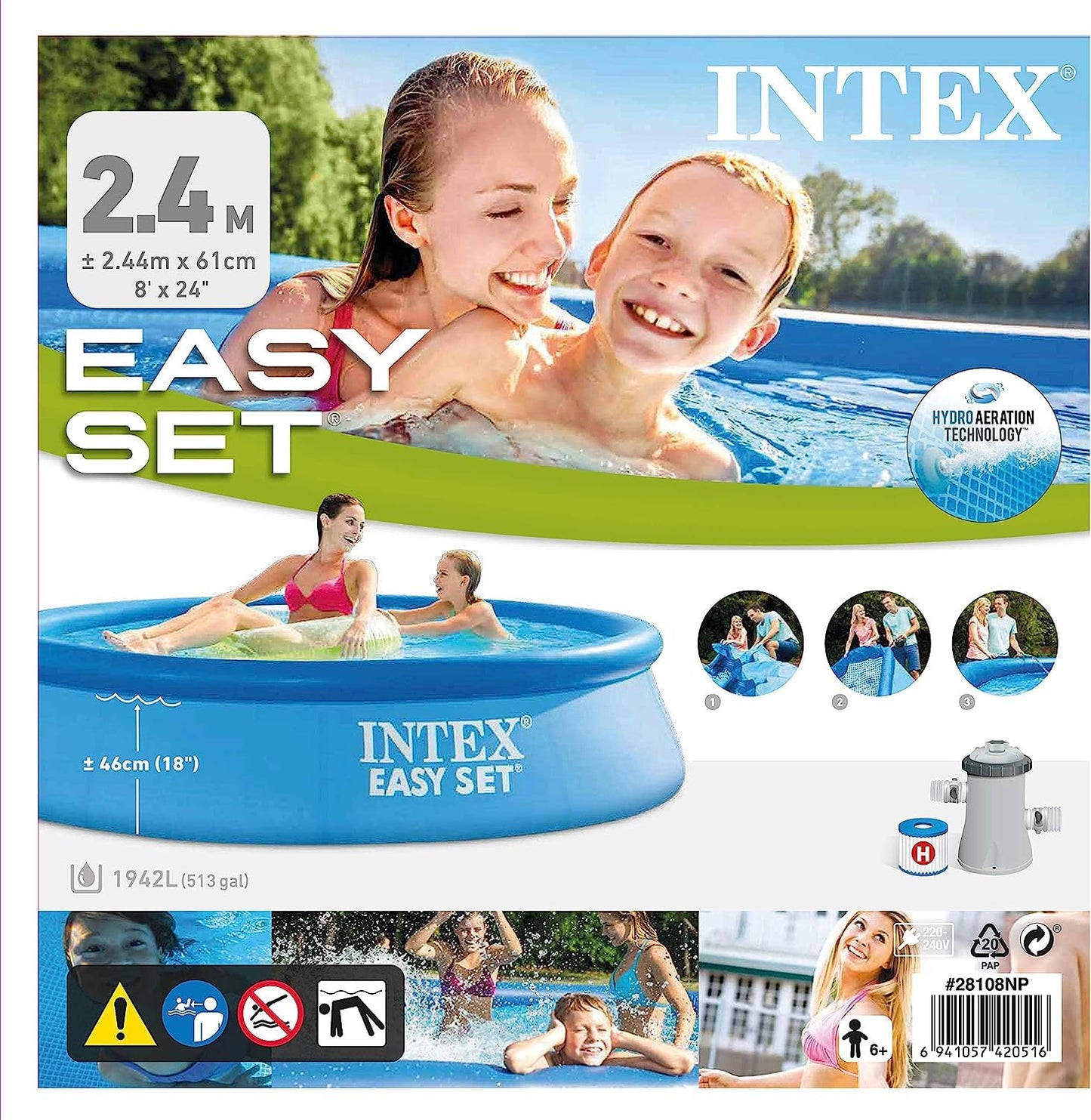 Intex 55237 - Piscina Hinchable, Ø244x61 cm, 1.942 litros, Piscina Redonda, con depuradora Cartucho, 1.250 litros/Hora, Filtro Cartucho Tipo H, para 2 Personas