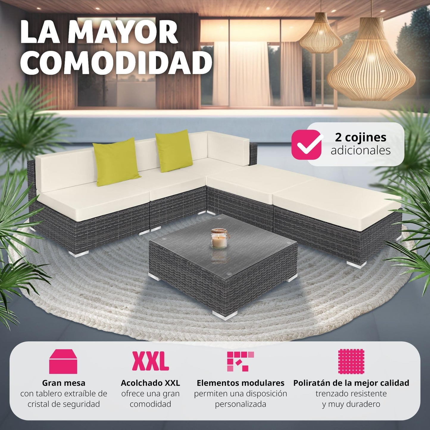 TecTake® Conjunto Jardín en Ratán y Aluminio con Cojines de 10 cm, Conjunto Terraza Resistente a la Intemperie, Muebles Jardín Exterior 3 Sillones, 1 Puf, 1 Mesa con Cristal, Fundas Extraíbles - Gris