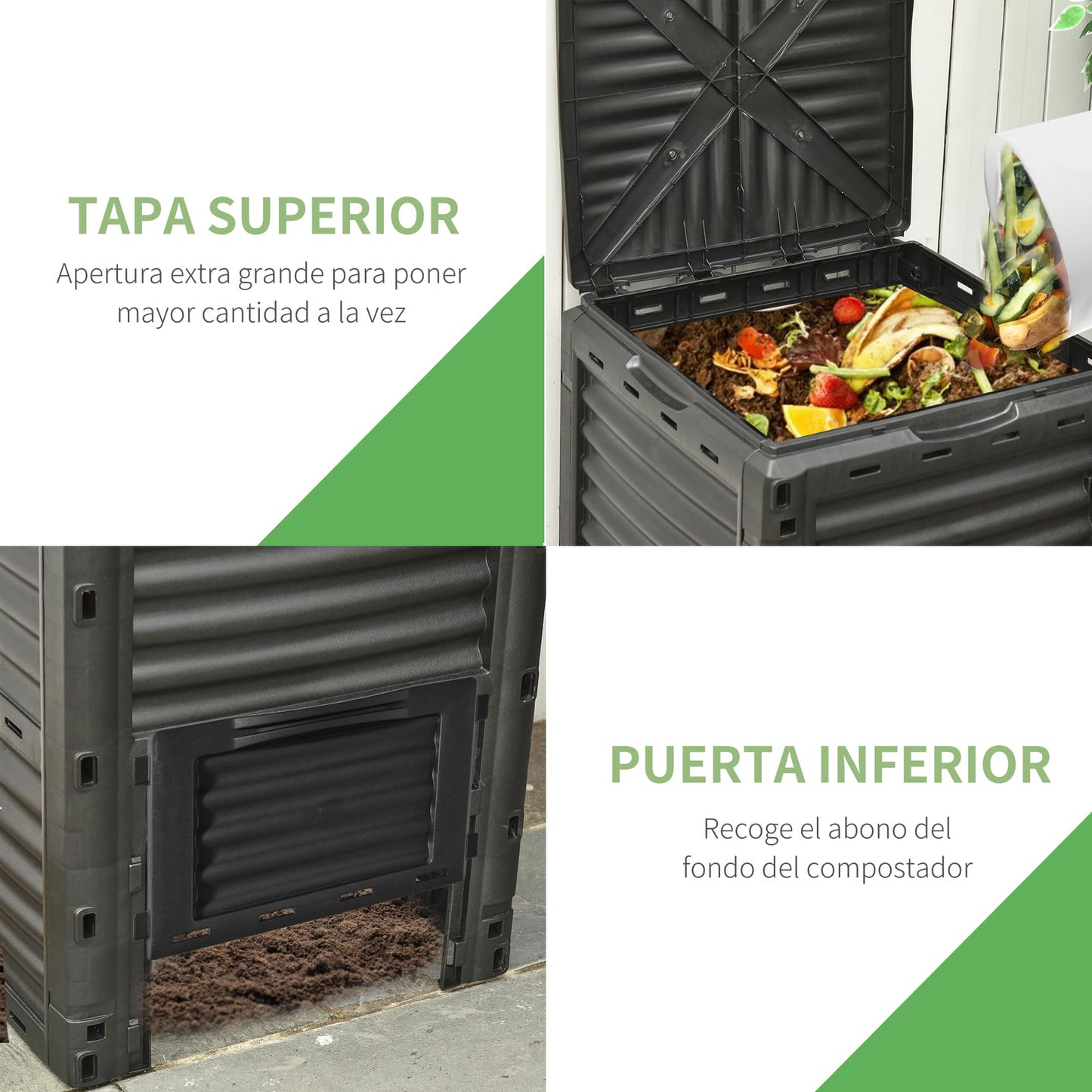 Outsunny Compostador Capacidad de 300L Compostera Orgánica para Producción Abono de Jardín Exterior con 48 Respiraderos 60,5x60,5x81,5 cm Negro