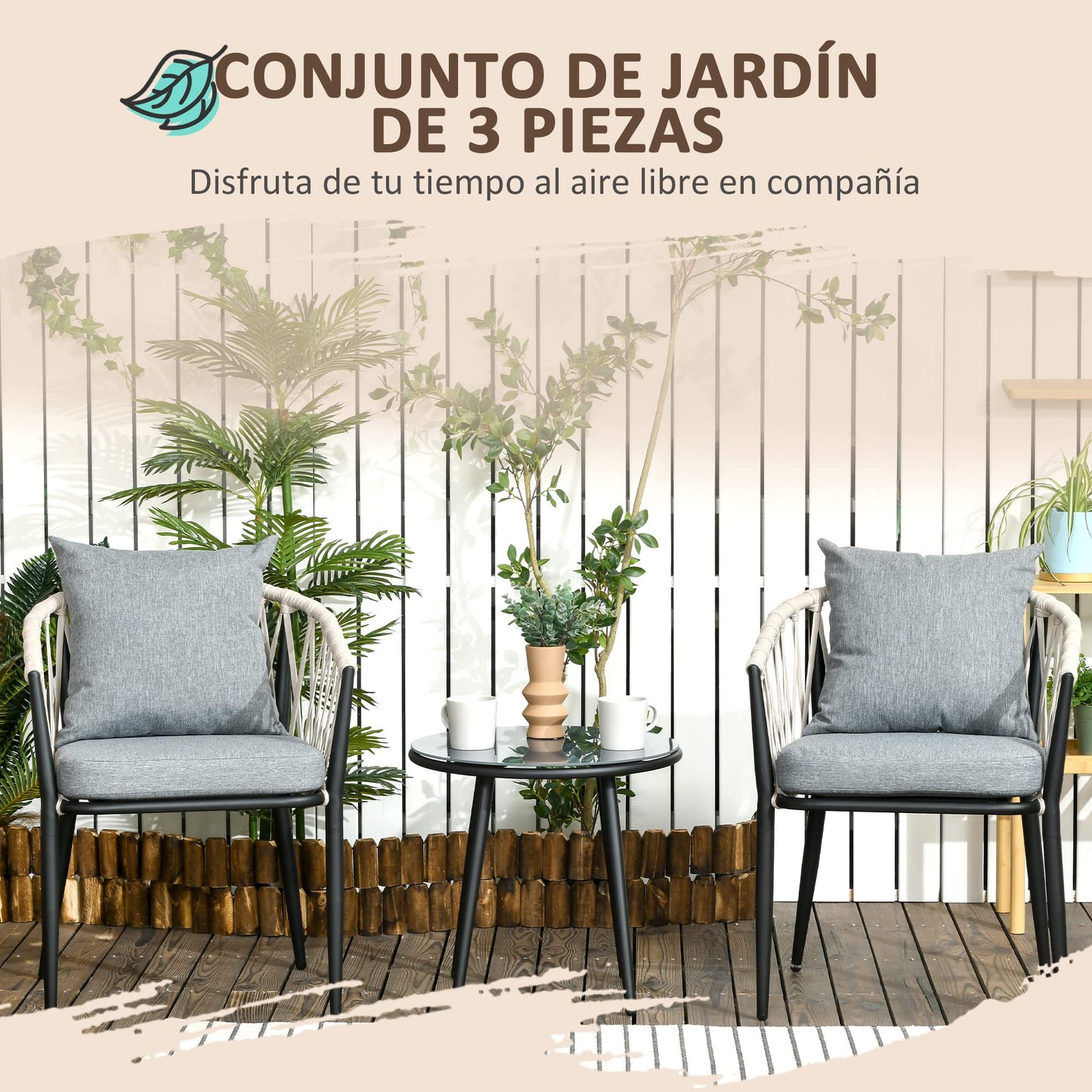 Outsunny Conjunto de Muebles de Jardín 3 Piezas Juego de Muebles de Terraza Incluye Mesa con Encimera de Vidrio Templado y 2 Sillones con Cojines Reposabrazos de Cuerda Polipropileno Gris
