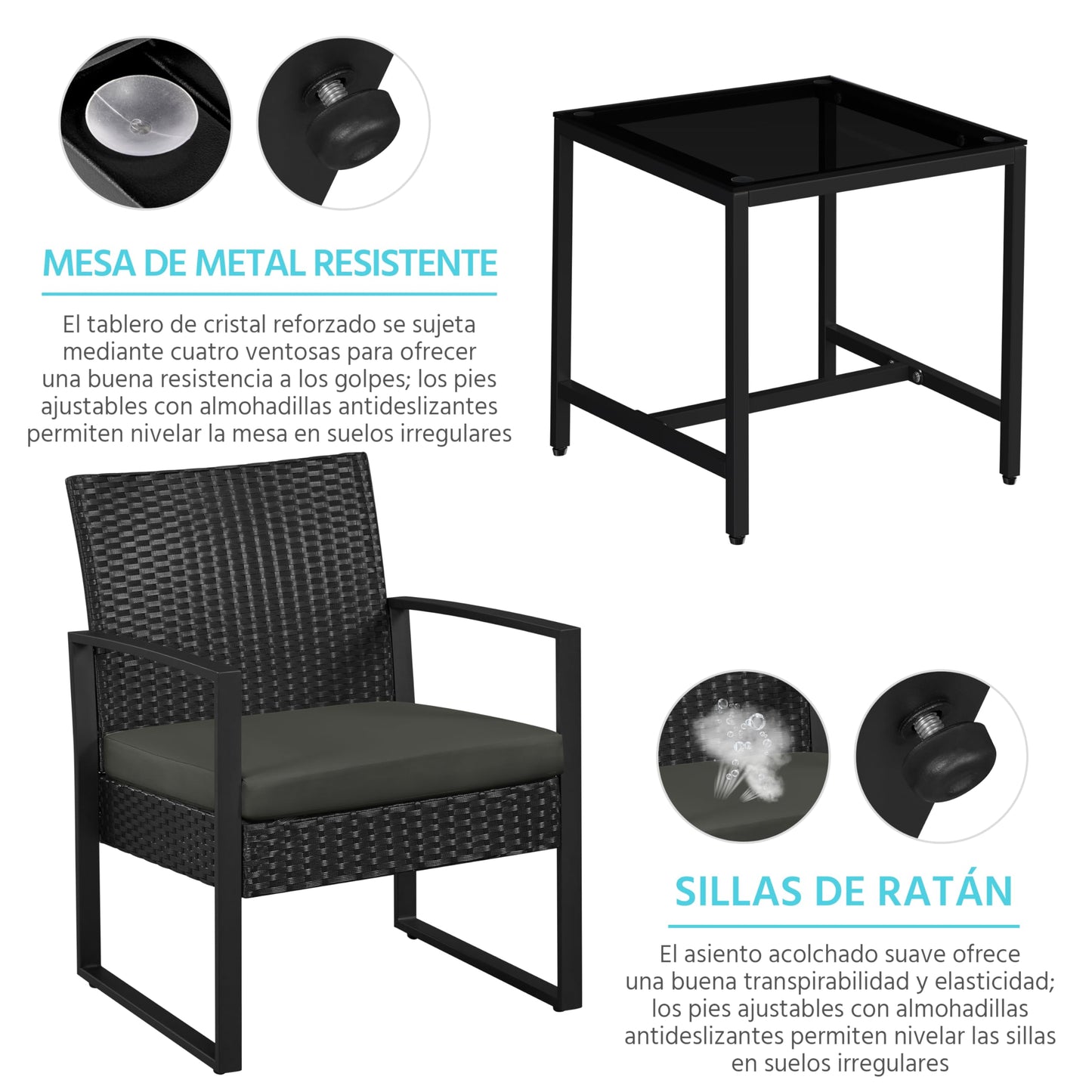 Yaheetech Conjunto de Mesa y Sillas Exterior Juego de Muebles Jardin con Cojines Silla Ratán Impermeable para Terraza Balcón Negro y Gris