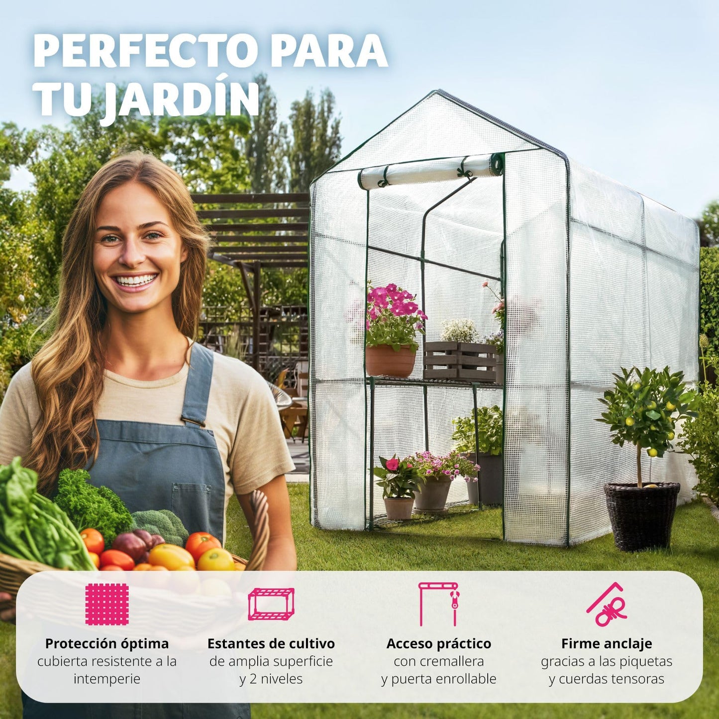 tectake® Invernadero Exterior con 4 Baldas Metálicas de Rejilla, Cubierta de PE contra UVA, Invernadero Terraza 186x120x190cm, Caseta Jardin Exterior con Cuerdas Tensoras y Piquetas, Fácil Montaje