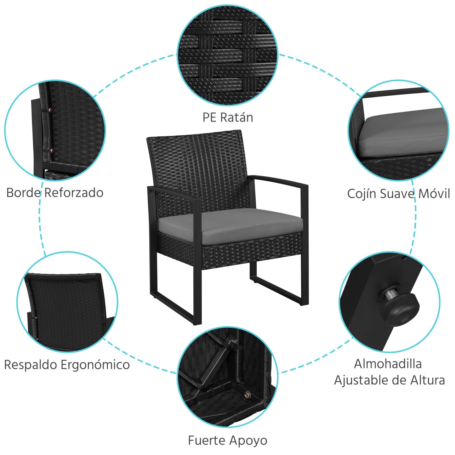 Yaheetech Conjunto de Mesa y Sillas Exterior Juego de Muebles Jardin con Cojines Silla Ratán Impermeable para Terraza Balcón Negro y Gris