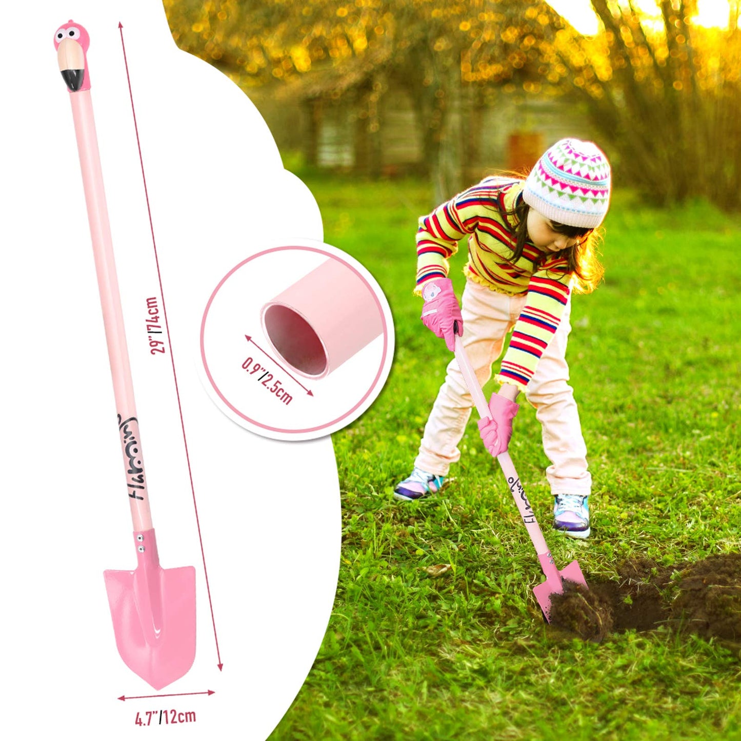 Hortem Las herramientas de jardinería para niños incluyen herramientas largas de metal con cabeza 3D de flamenco, pala, guante de jardín para niños, regalos de jardinería de Halloween para niños