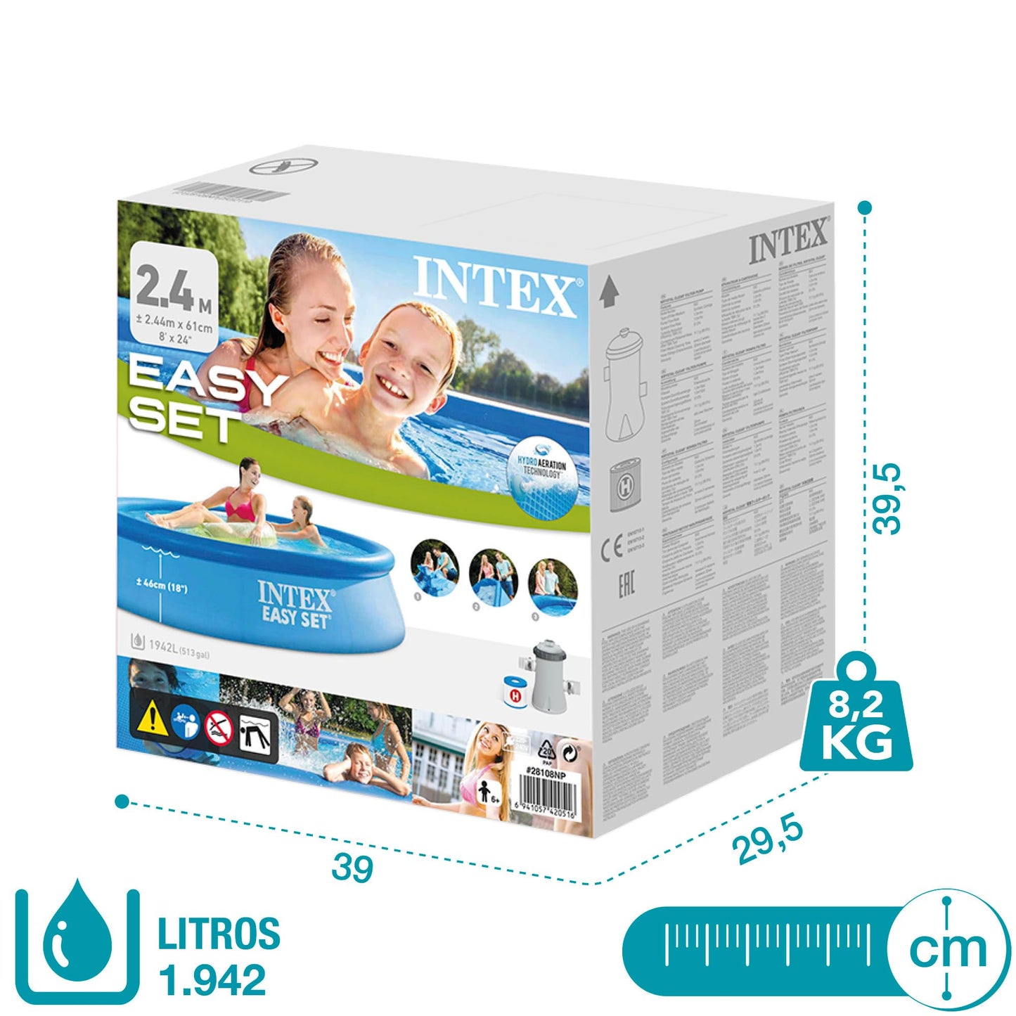Intex 55237 - Piscina Hinchable, Ø244x61 cm, 1.942 litros, Piscina Redonda, con depuradora Cartucho, 1.250 litros/Hora, Filtro Cartucho Tipo H, para 2 Personas