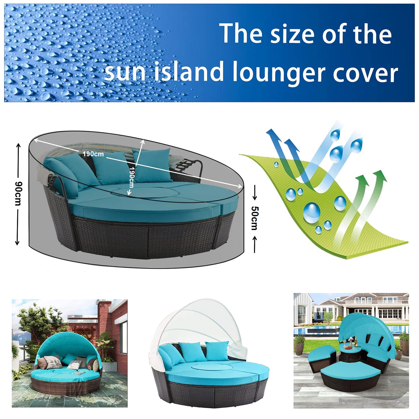 KEKAFU Funda Cama Exterior, 420D Funda Sofa Cama Exterior Impermeable, Funda Cama Jardin Redonda con Hebilla a Prueba de Viento, Resistente UV - Negro (190 * 90-50cm)