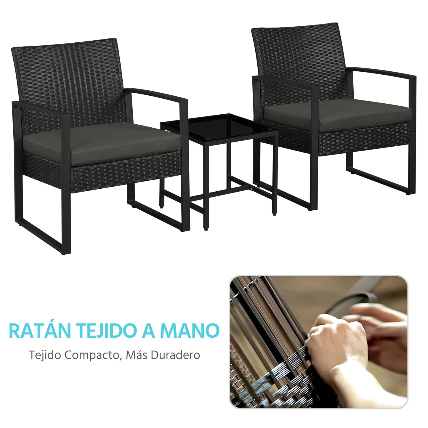 Yaheetech Conjunto de Mesa y Sillas Exterior Juego de Muebles Jardin con Cojines Silla Ratán Impermeable para Terraza Balcón Negro y Gris
