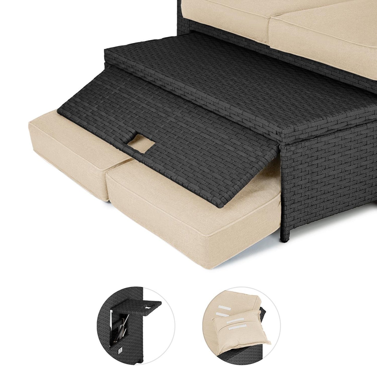 blumfeldt Komfortzone Sofá de ratán Dos plazas con Mesa Plegable (resplado inclinable, apoya pies, para jardín y terrazas, Tumbona, snackbar) - Negro