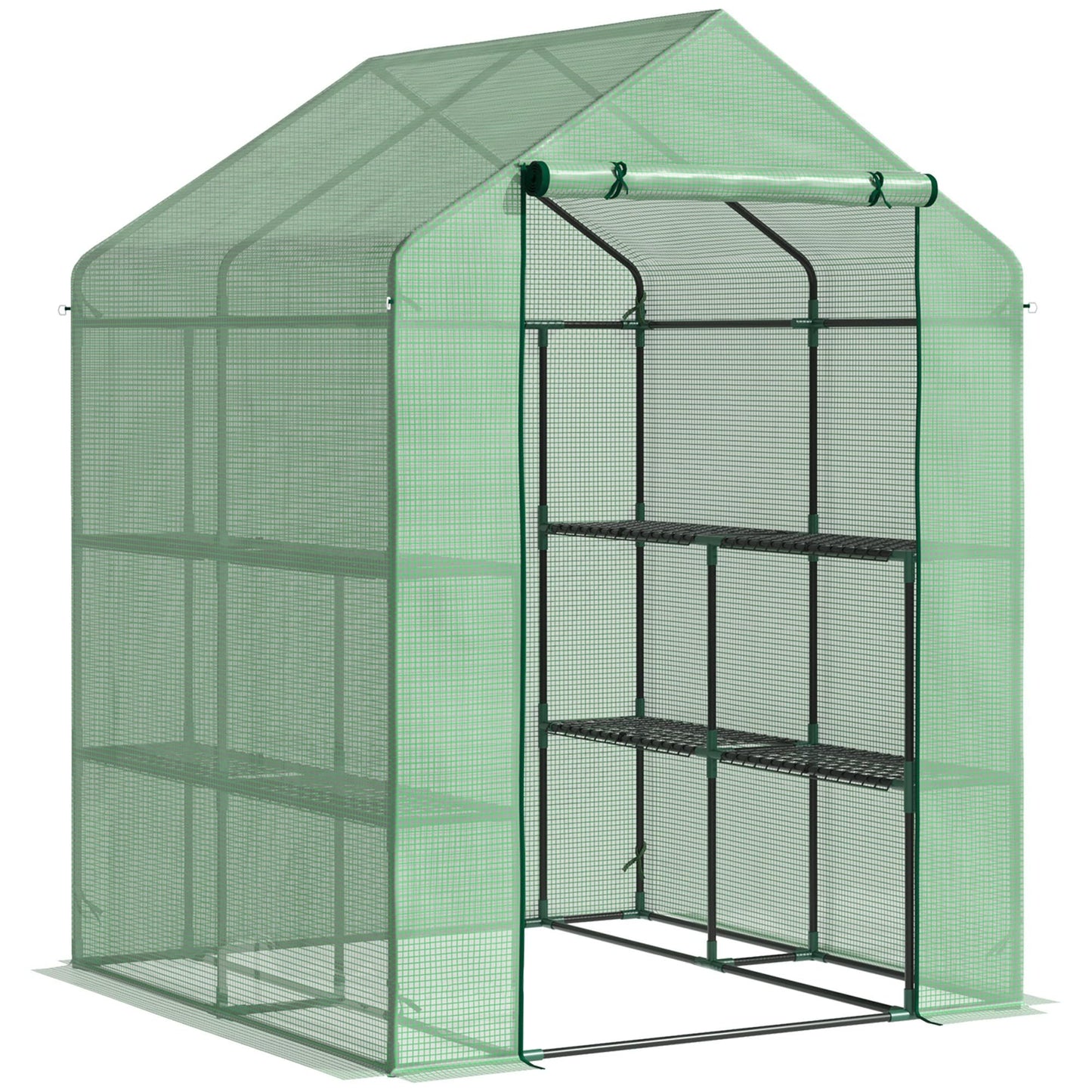 Outsunny Invernadero de Jardín Tipo Caseta Vivero Casero de Acero con 2 Niveles 4 Estantes y Puerta Enrollable para Cultivos Plantas Macetas Flores 143x138x190 cm Verde