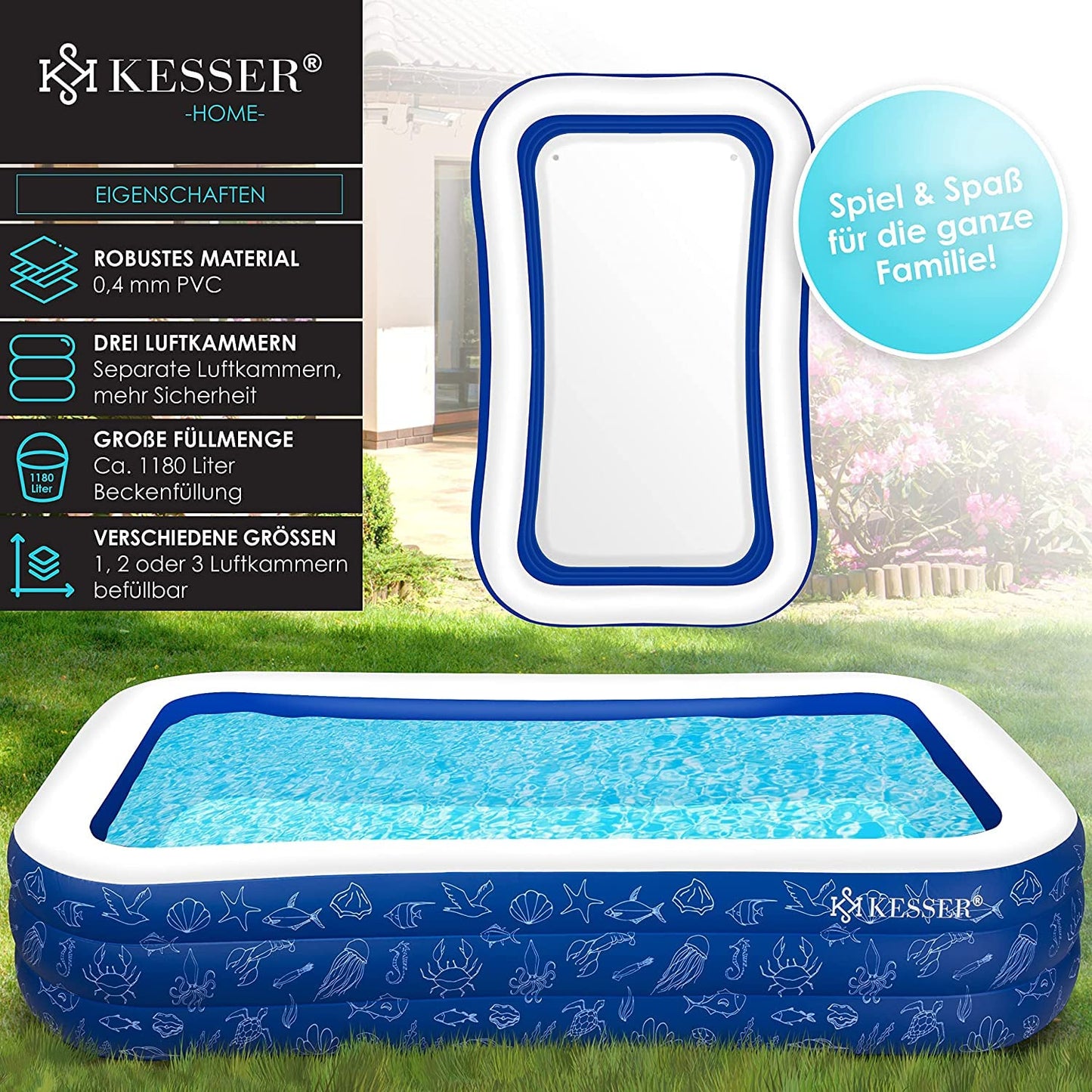 KESSER® Piscina inflable familiar para niños y adultos, piscina infantil de jardín para verano, 240 x 142 x 56 cm, 613 litros, capacidad para niños, agujeros de drenaje