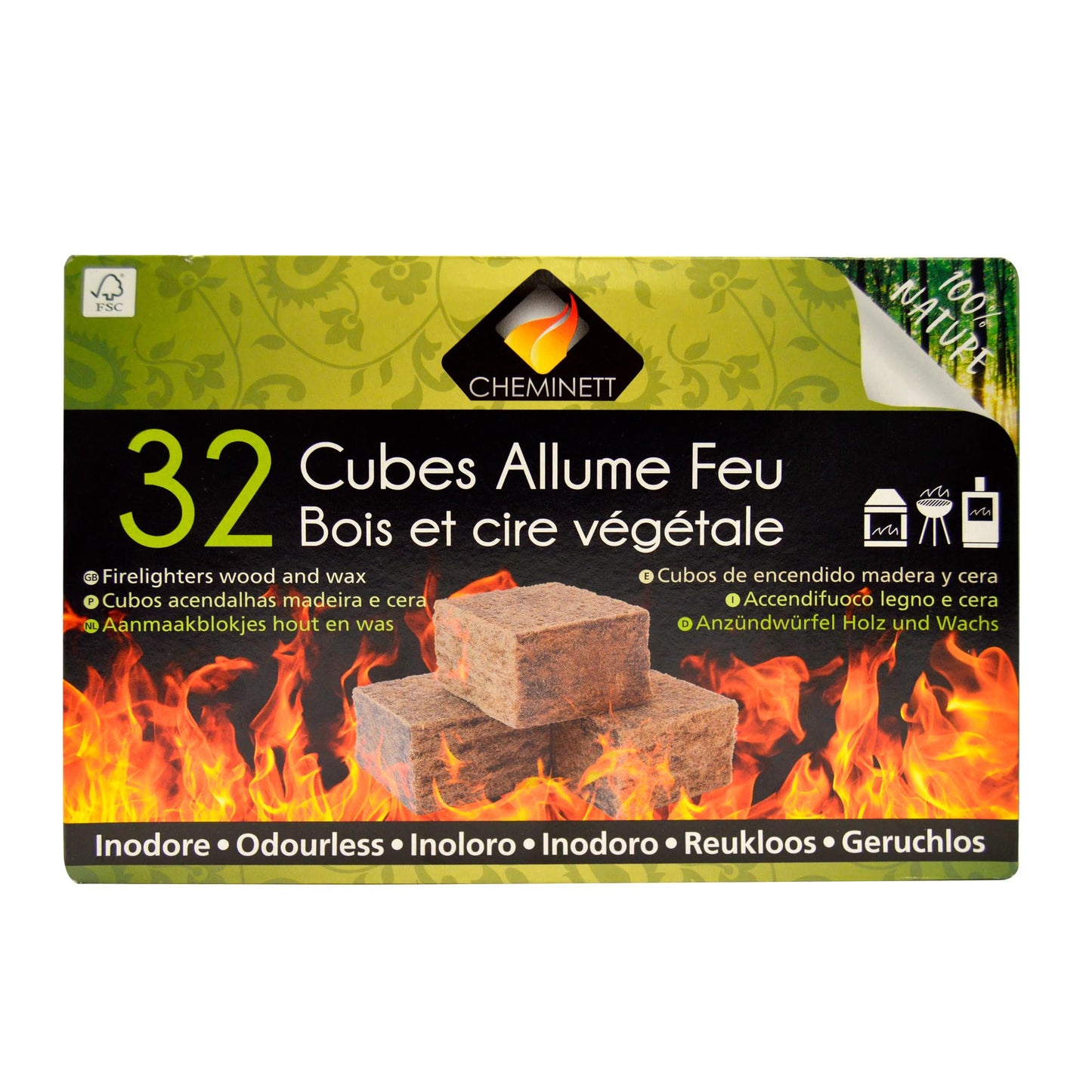 CHEMINETT 15751-32 Cubos Encendido precortados Cheminett naturales para encender chimeneas, estufas y barbacoas